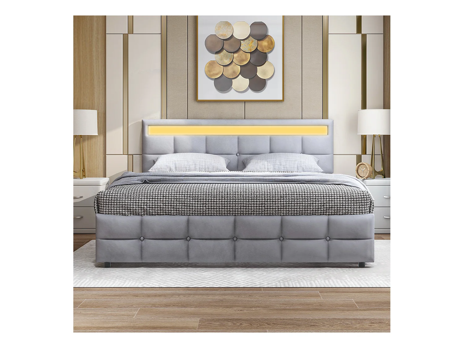 Lit adulte 180x200 cm - Lit avec 4 tiroirs et sommier à lattes - éclairage LED - velours gris