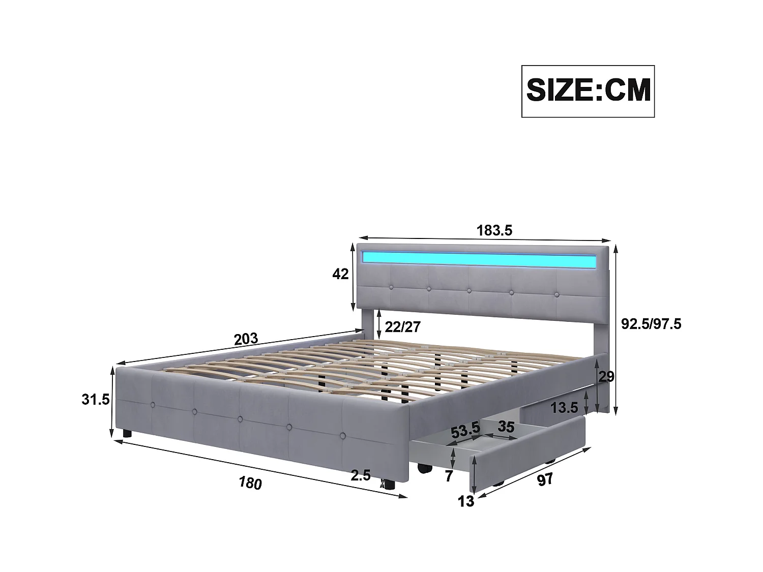 Lit adulte 180x200 cm - Lit avec 4 tiroirs et sommier à lattes - éclairage LED - velours gris
