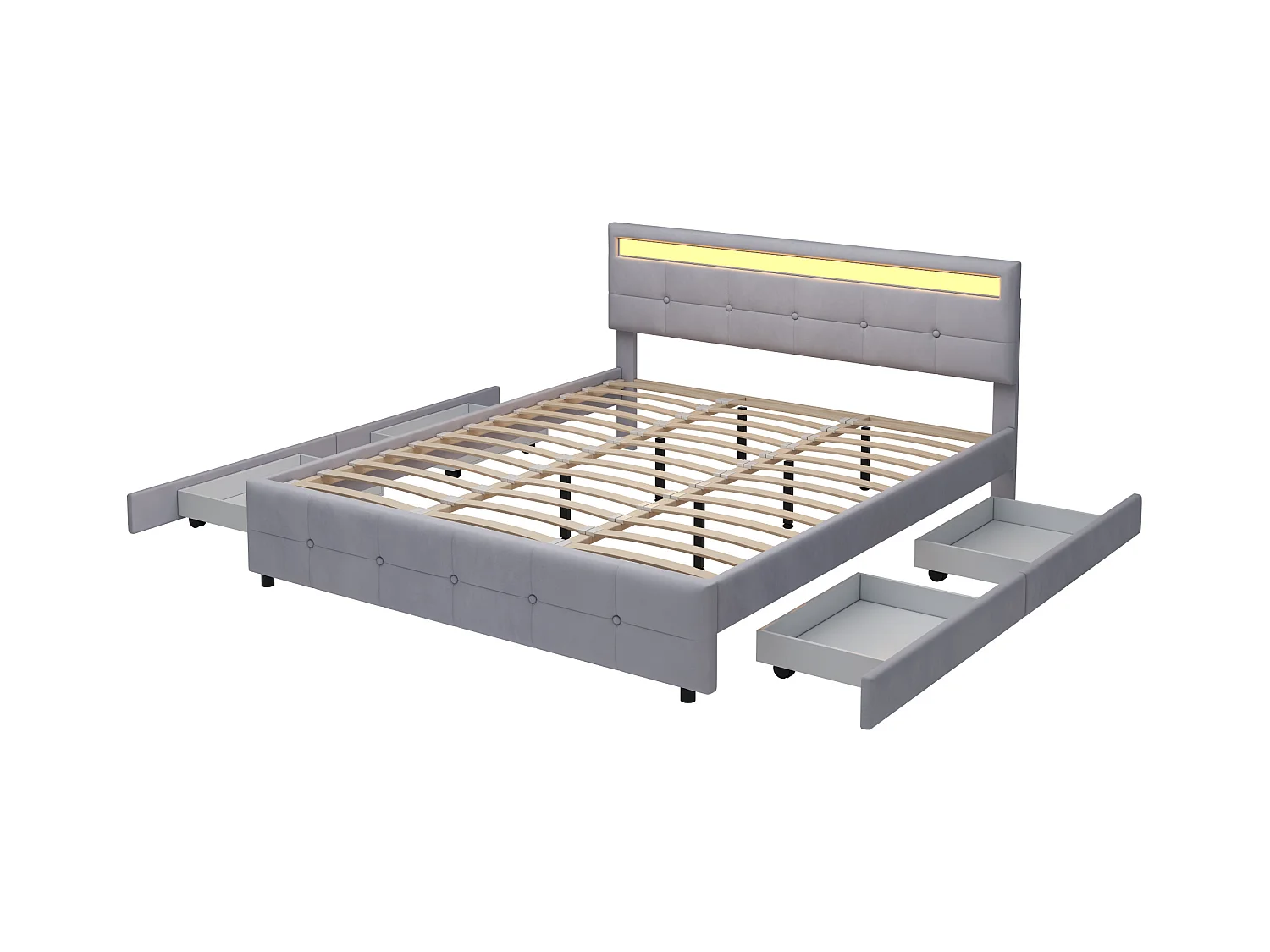 Lit adulte 180x200 cm - Lit avec 4 tiroirs et sommier à lattes - éclairage LED - velours gris