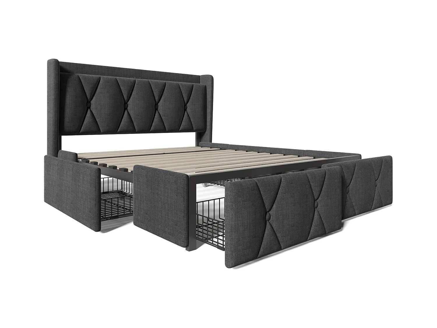 Lit double 140x200 cm - Lit adulte avec fonction de charge USB - 4 tiroirs - lin gris - sans matelas