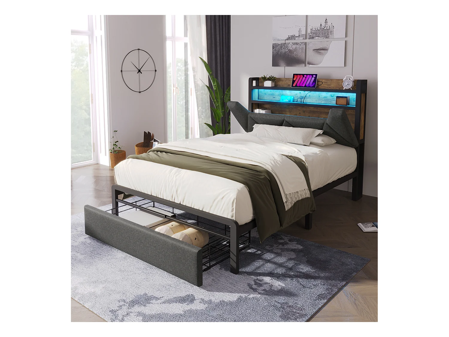 Lit enfant 90x200 cm - Lit simple avec LED et recharge USB - 1 tiroir - lin gris