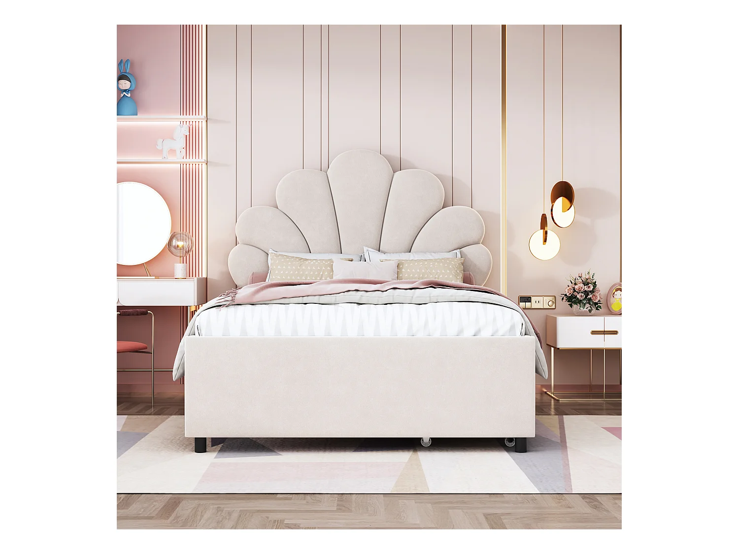 Lit enfant simple 90x200 cm beige en velours, lit adulte avec 2 tiroirs de rangement, sans matelas