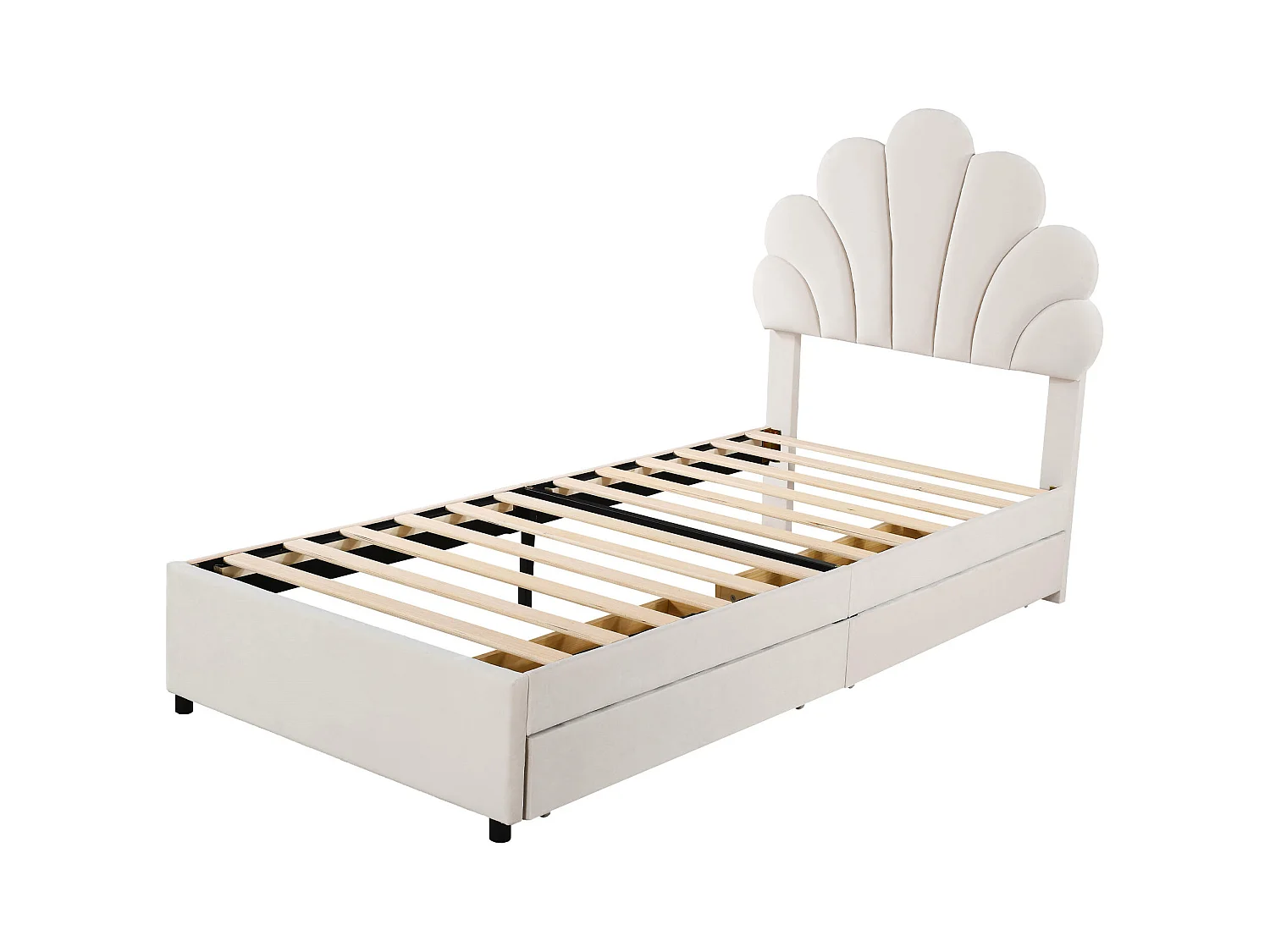 Lit enfant simple 90x200 cm beige en velours, lit adulte avec 2 tiroirs de rangement, sans matelas