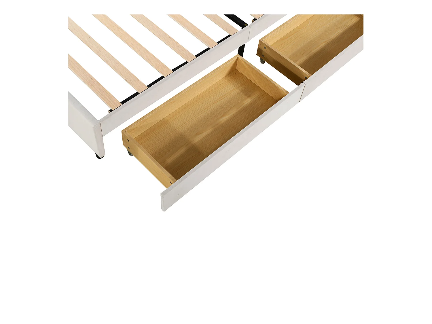 Lit enfant simple 90x200 cm beige en velours, lit adulte avec 2 tiroirs de rangement, sans matelas