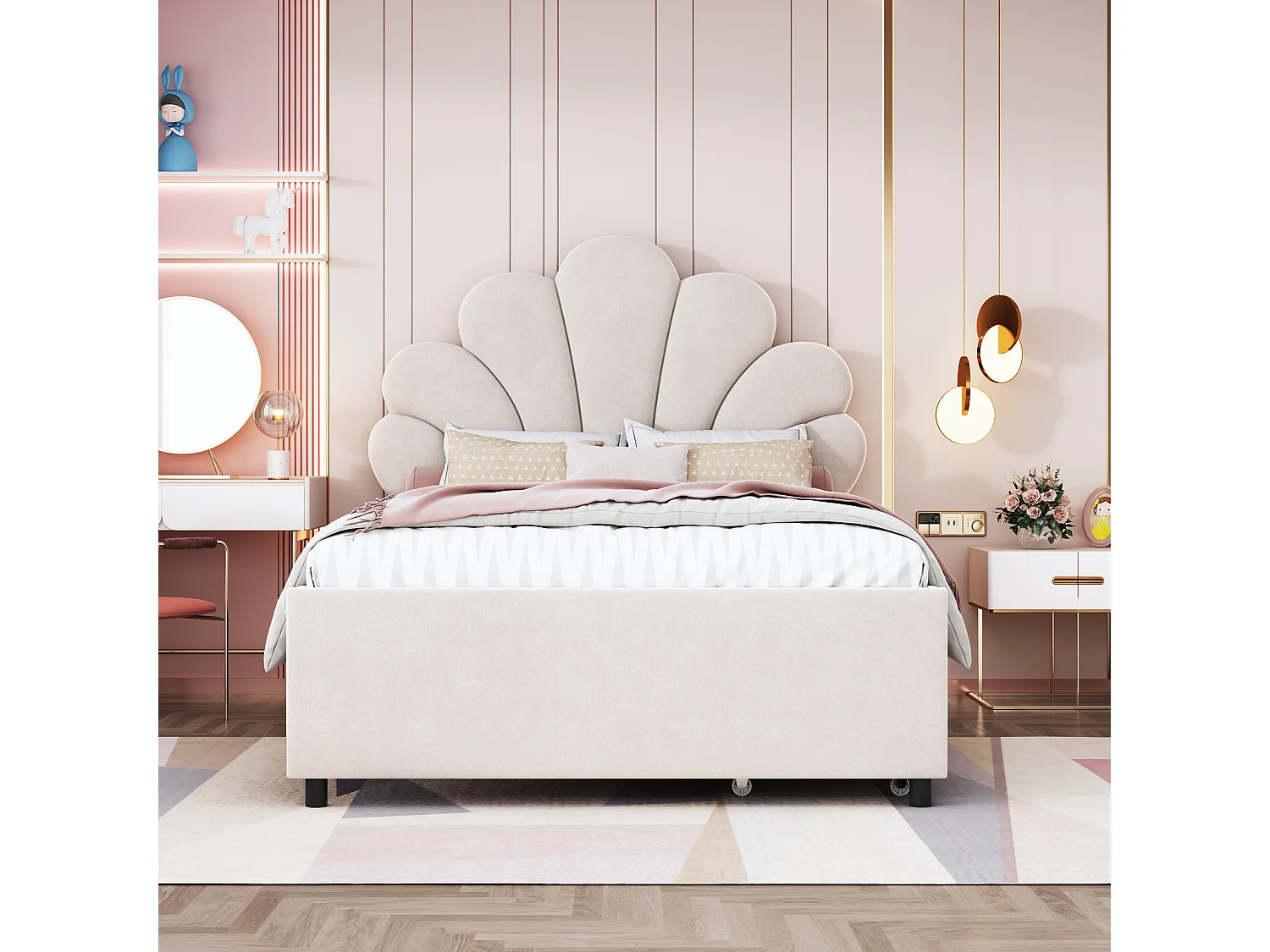 Lit enfant simple 90x200 cm beige en velours, lit adulte avec 2 tiroirs de rangement, sans matelas