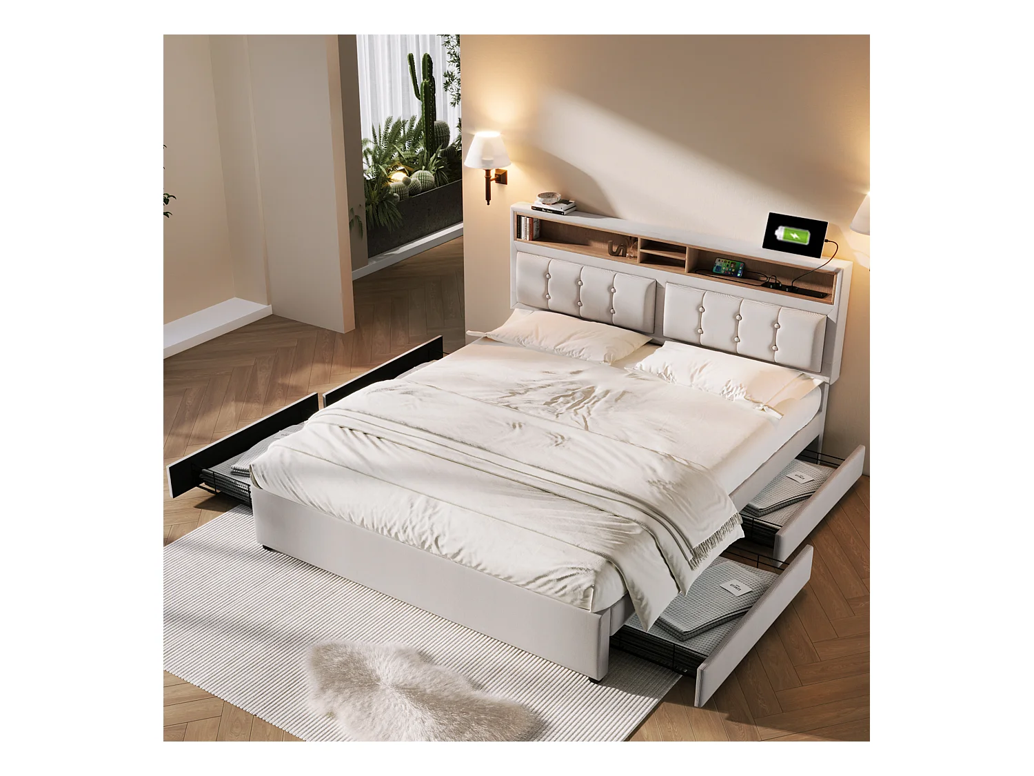 Lit adulte 160x200 cm - Lit double avec USB et 4 tiroirs - Tête de lit réglable - Lin beige