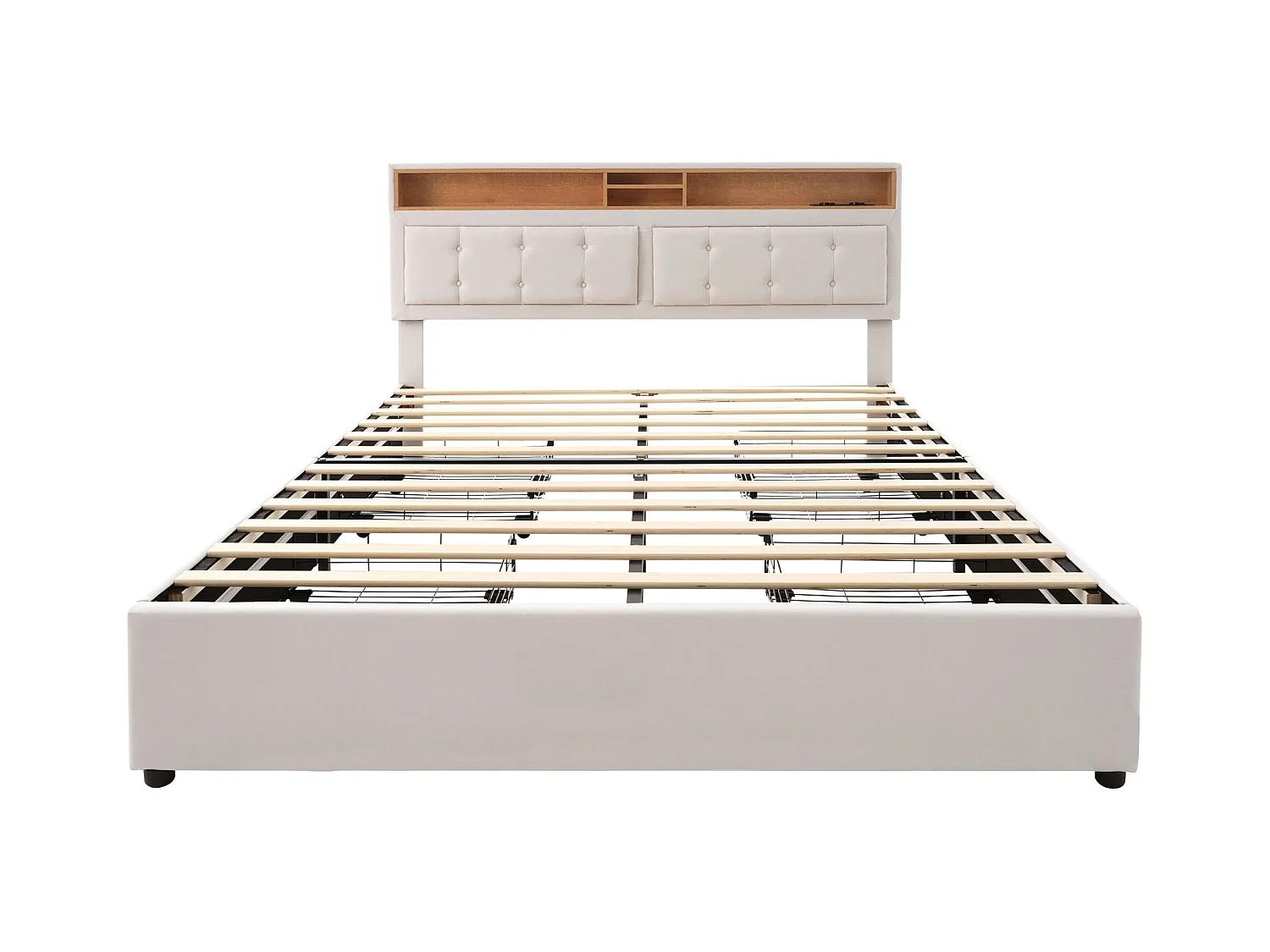 Lit adulte 160x200 cm - Lit double avec USB et 4 tiroirs - Tête de lit réglable - Lin beige