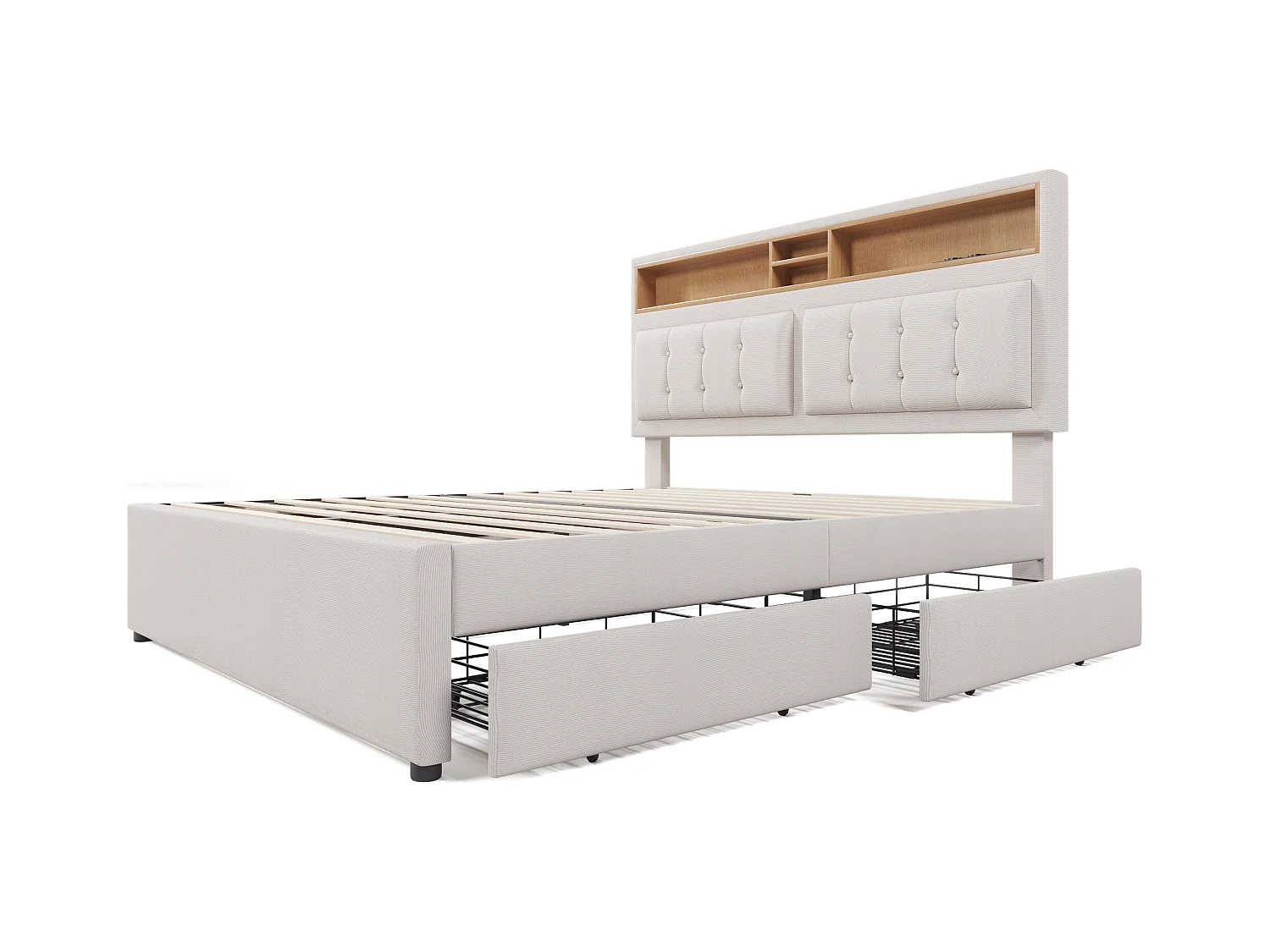 Lit adulte 160x200 cm - Lit double avec USB et 4 tiroirs - Tête de lit réglable - Lin beige