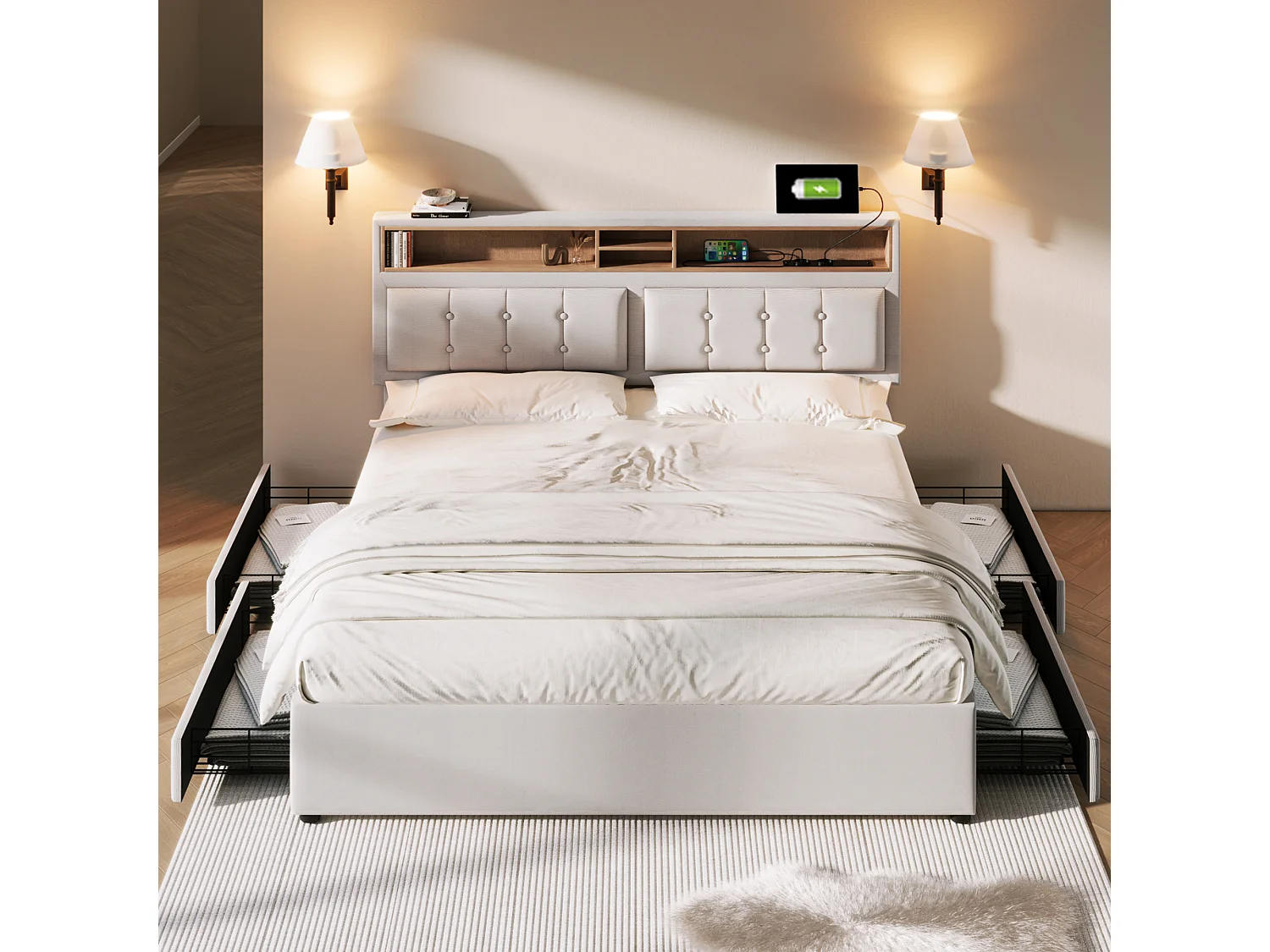 Lit adulte 160x200 cm - Lit double avec USB et 4 tiroirs - Tête de lit réglable - Lin beige