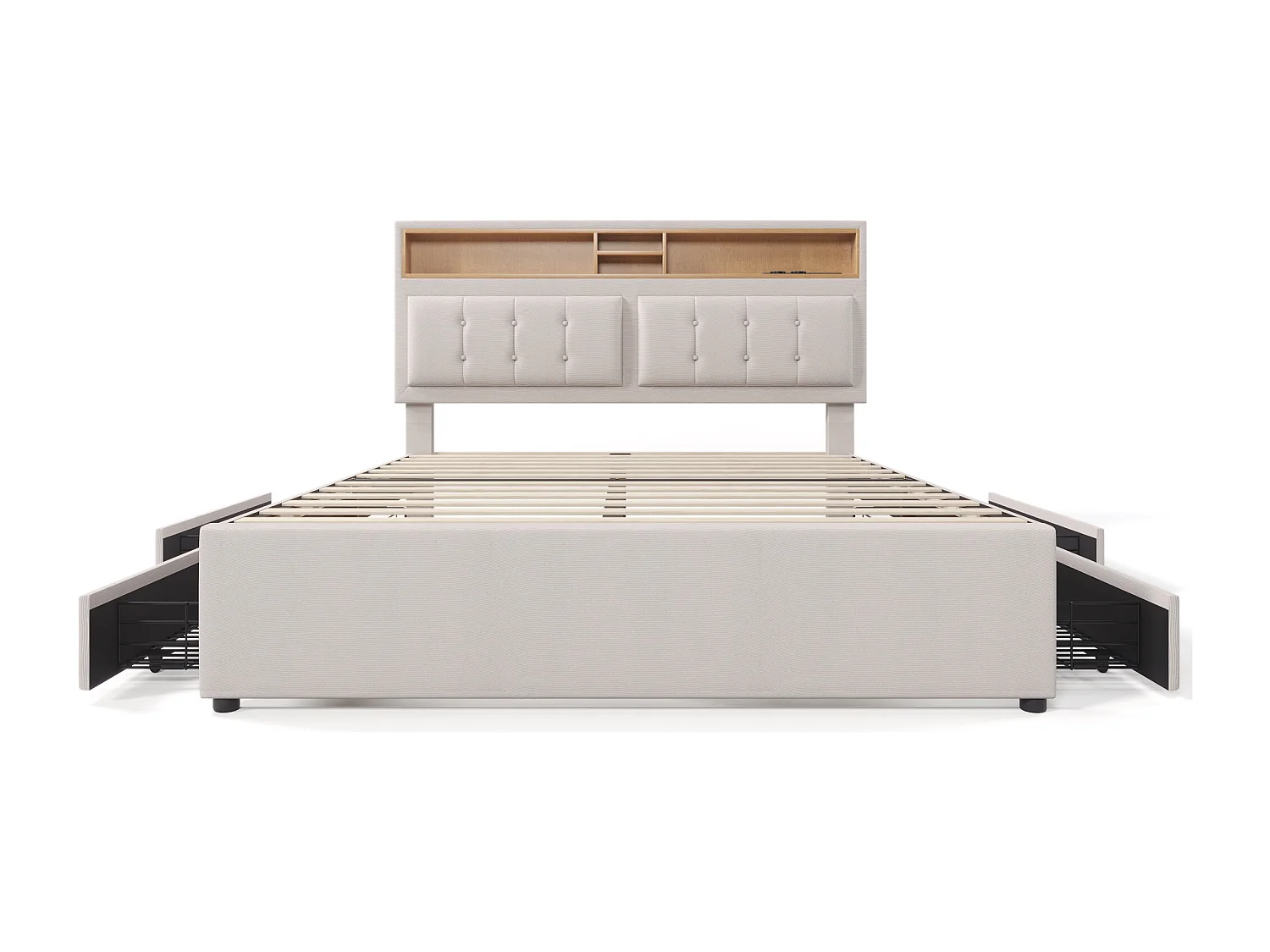 Lit adulte 160x200 cm - Lit double avec USB et 4 tiroirs - Tête de lit réglable - Lin beige