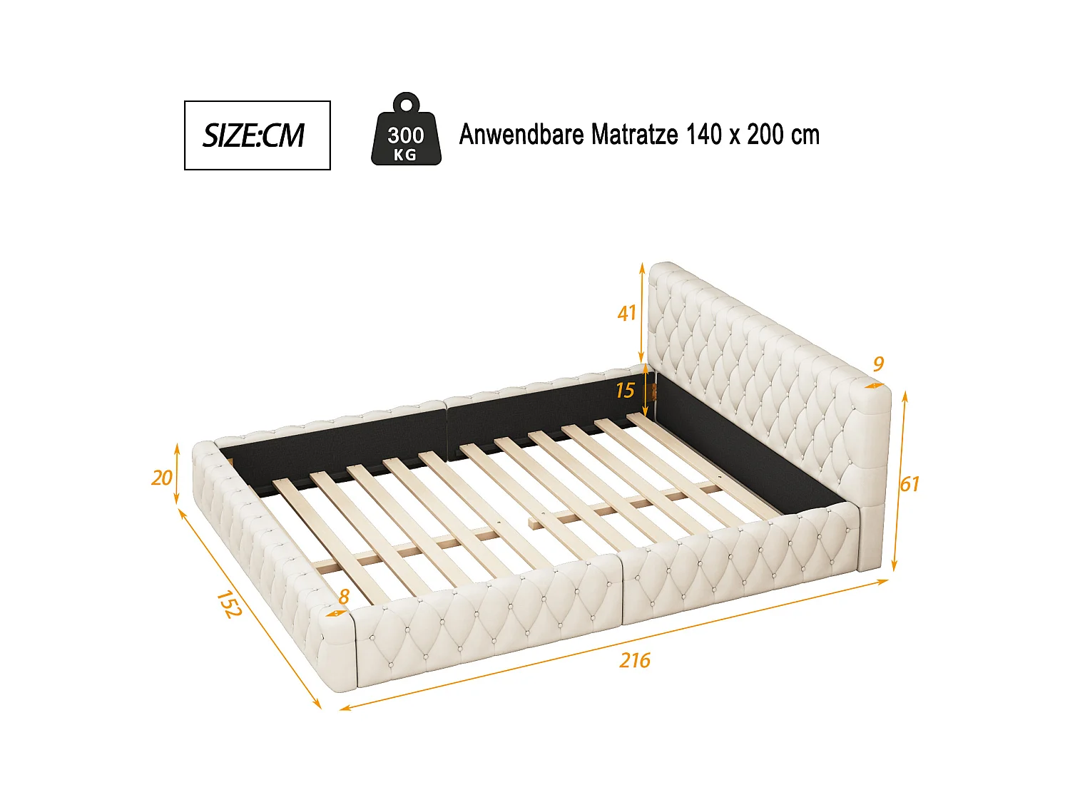 Lit adulte 140x200 cm beige, lit adulte en velours, sans matelas