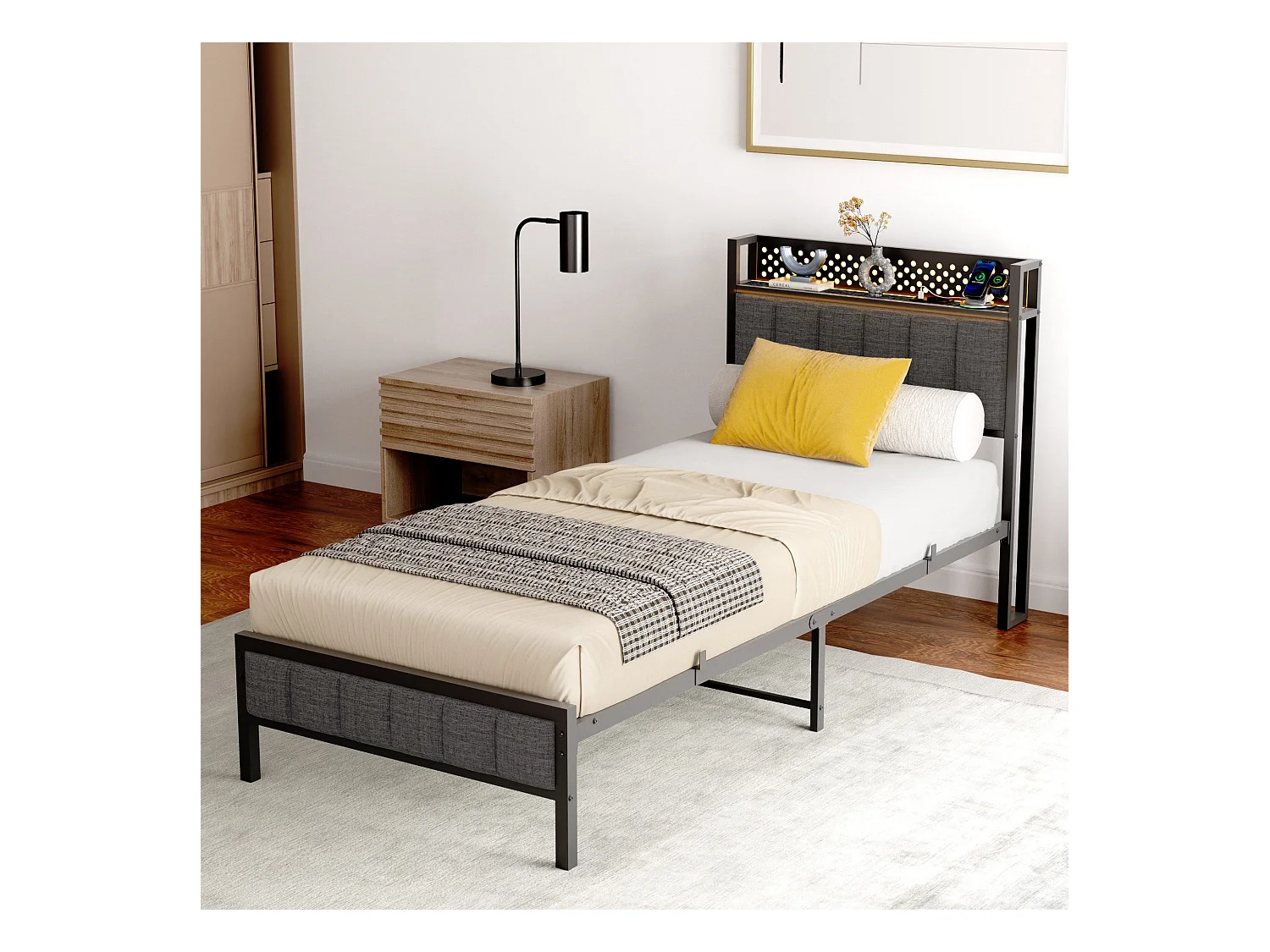 Lit adulte simple 90x200 cm noir avec USB, lit en métal, noir, sans matelas