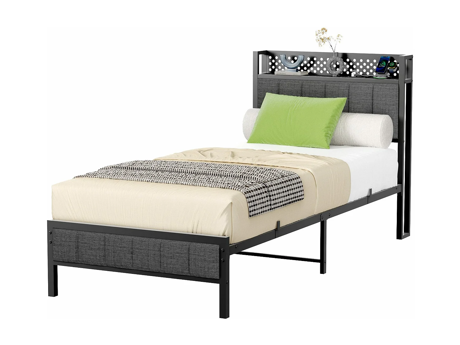 Lit adulte simple 90x200 cm noir avec USB, lit en métal, noir, sans matelas