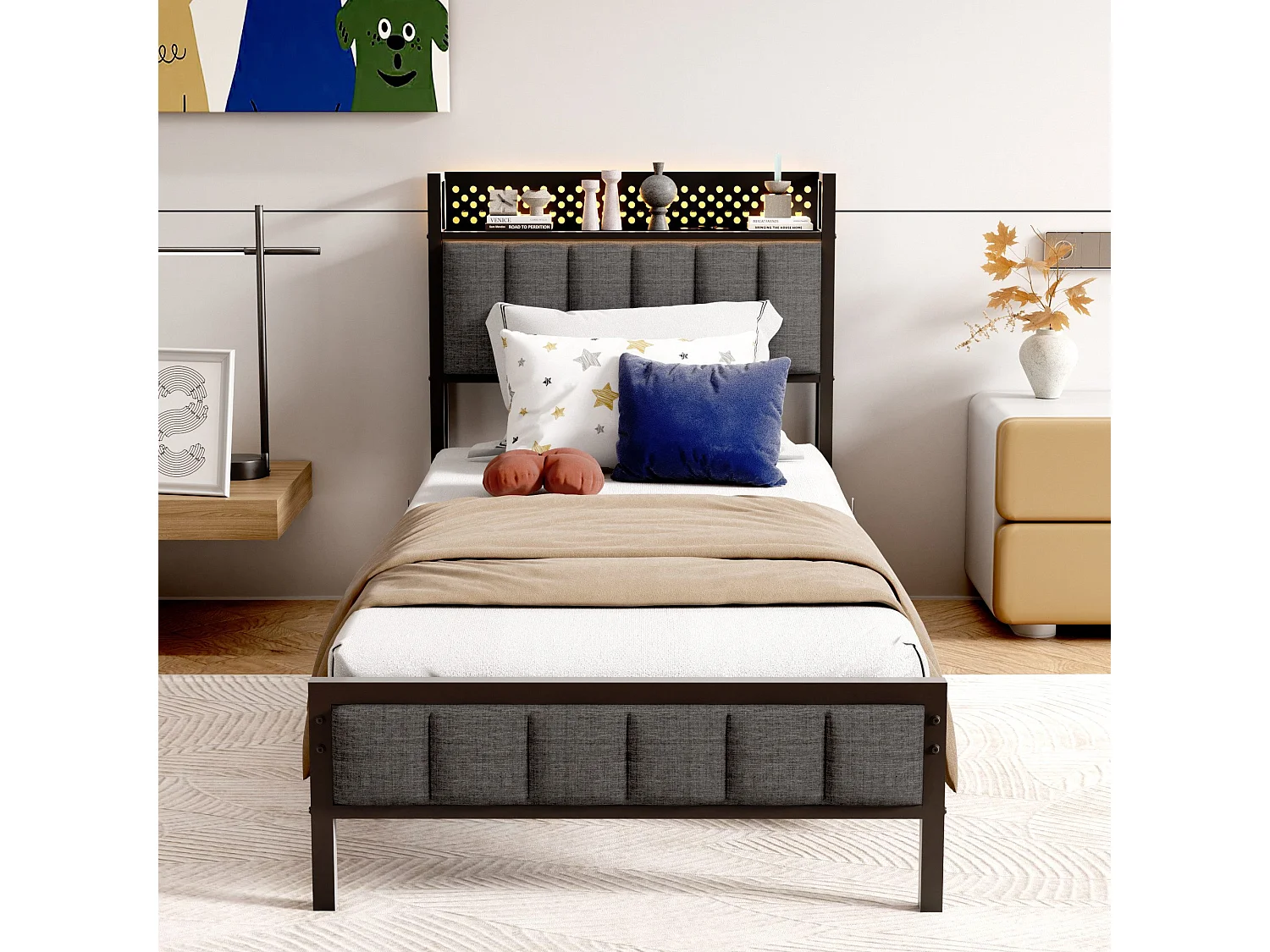 Lit adulte simple 90x200 cm noir avec USB, lit en métal, noir, sans matelas