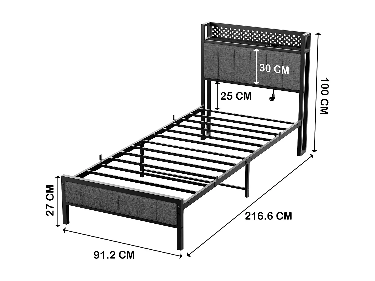 Lit adulte simple 90x200 cm noir avec USB, lit en métal, noir, sans matelas