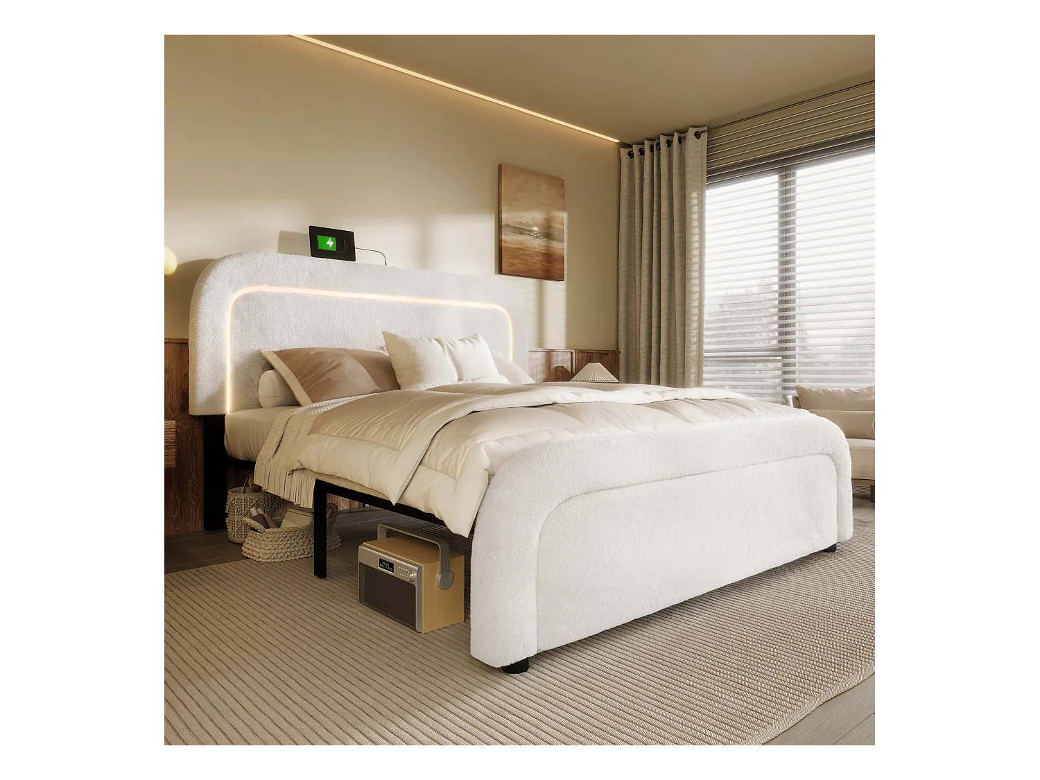 Lit adulte 160x200 cm - Lit double avec LED et recharge USB - tête de lit réglable - tissu Sherpa blanc