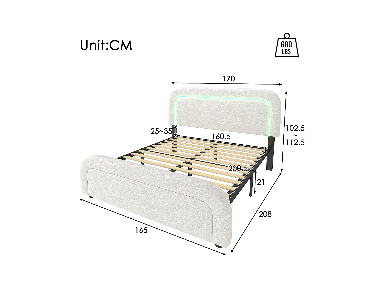 Lit adulte 160x200 cm - Lit double avec LED et recharge USB - tête de lit réglable - tissu Sherpa blanc
