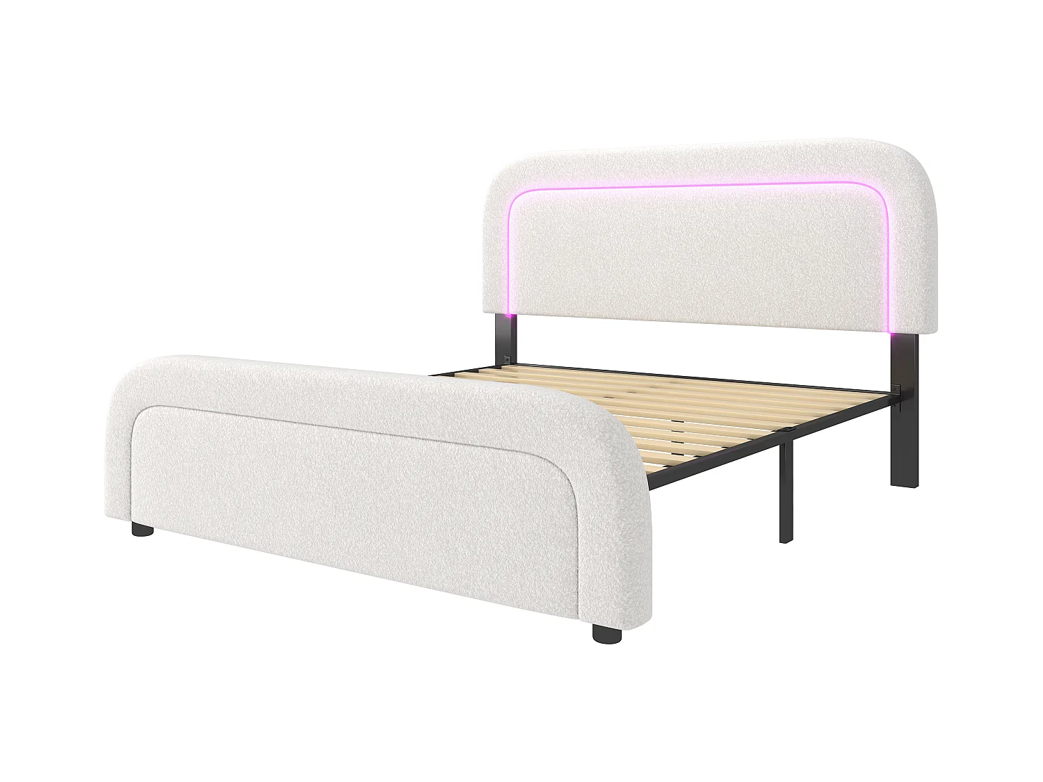Lit adulte 160x200 cm - Lit double avec LED et recharge USB - tête de lit réglable - tissu Sherpa blanc