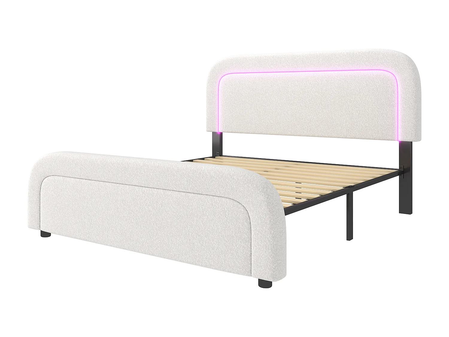 Lit adulte 160x200 cm - Lit double avec LED et recharge USB - tête de lit réglable - tissu Sherpa blanc