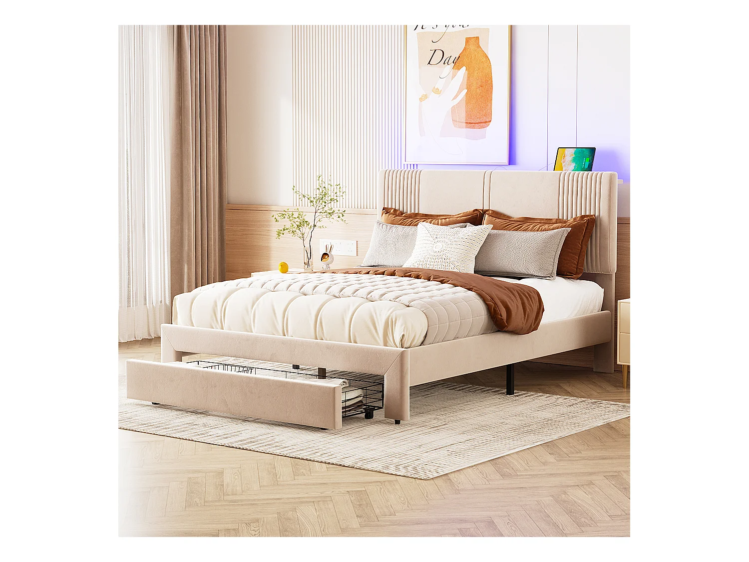 Lit 140x200cm beige, lit adulte double tiroirs de rangement,bande lumineuse + USB, velours, sans matelas