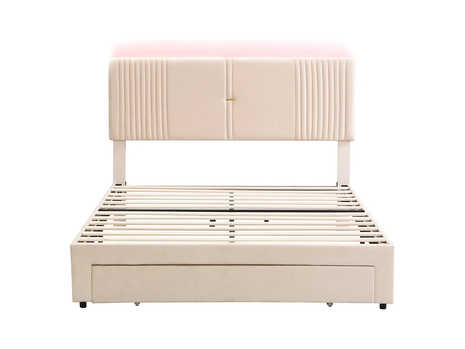 Lit 140x200cm beige, lit adulte double tiroirs de rangement,bande lumineuse + USB, velours, sans matelas