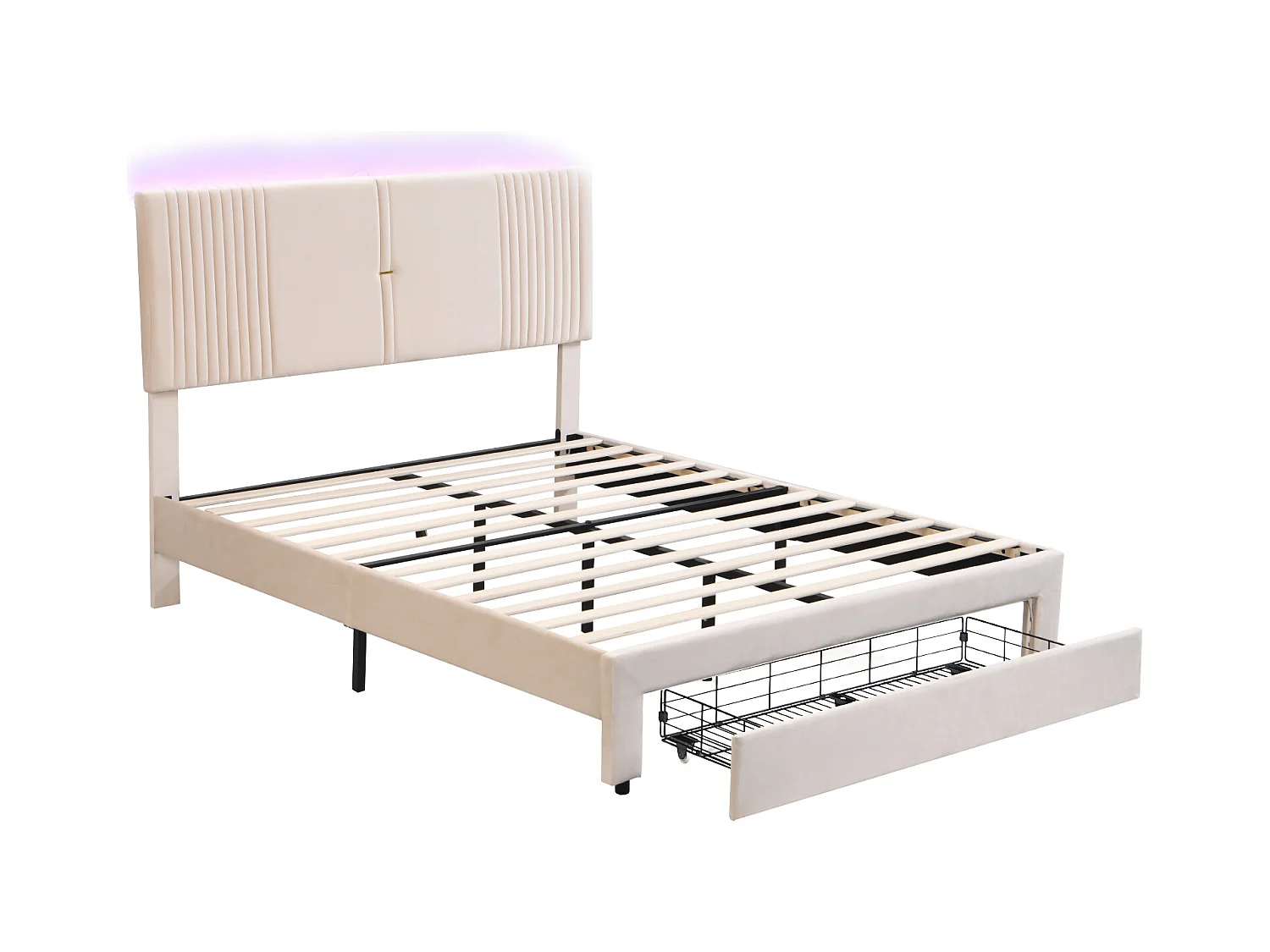 Lit 140x200cm beige, lit adulte double tiroirs de rangement,bande lumineuse + USB, velours, sans matelas