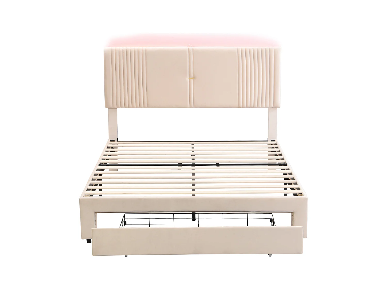 Lit 140x200cm beige, lit adulte double tiroirs de rangement,bande lumineuse + USB, velours, sans matelas