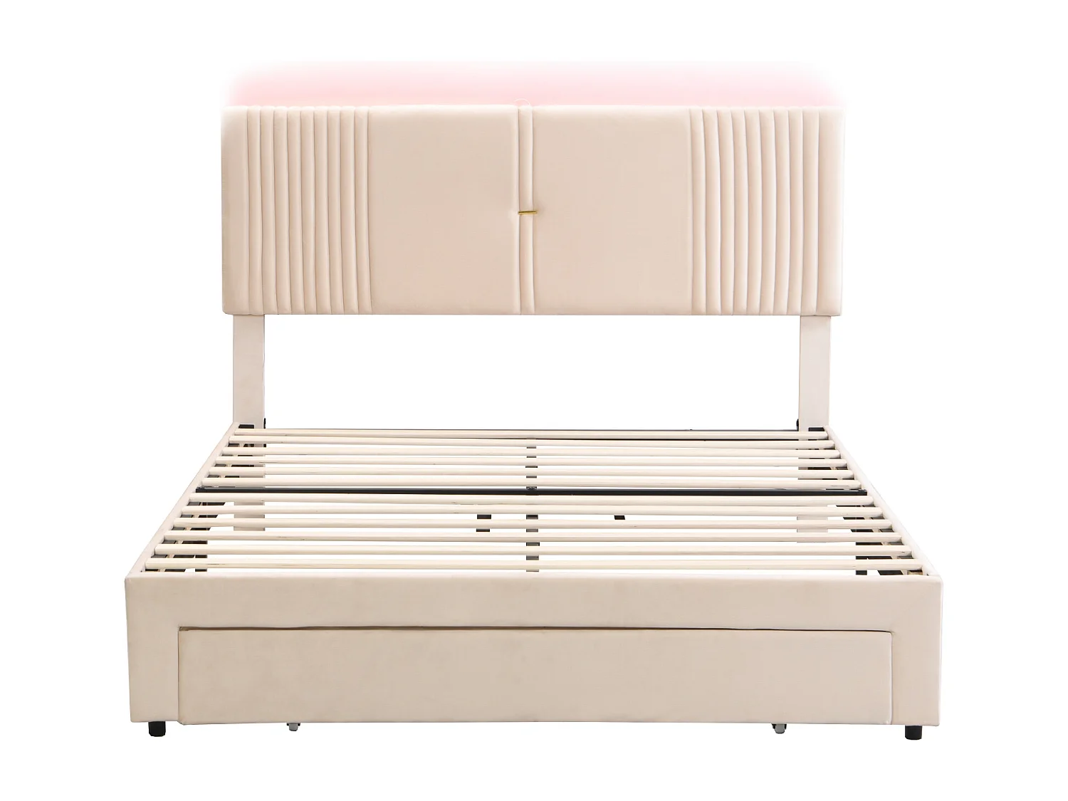 Bed 140x200 cm beige, tweepersoonsbed voor volwassenen met opberglades, lichtstrip + USB, fluweel, zonder matras