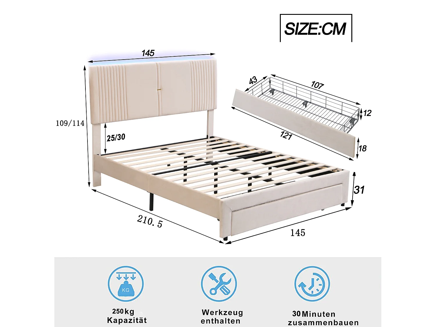 Bed 140x200 cm beige, tweepersoonsbed voor volwassenen met opberglades, lichtstrip + USB, fluweel, zonder matras