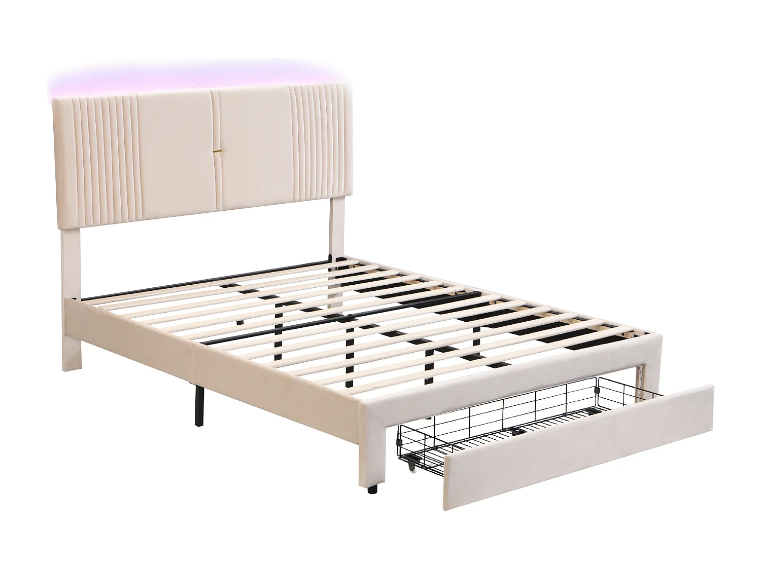 Bed 140x200 cm beige, tweepersoonsbed voor volwassenen met opberglades, lichtstrip + USB, fluweel, zonder matras