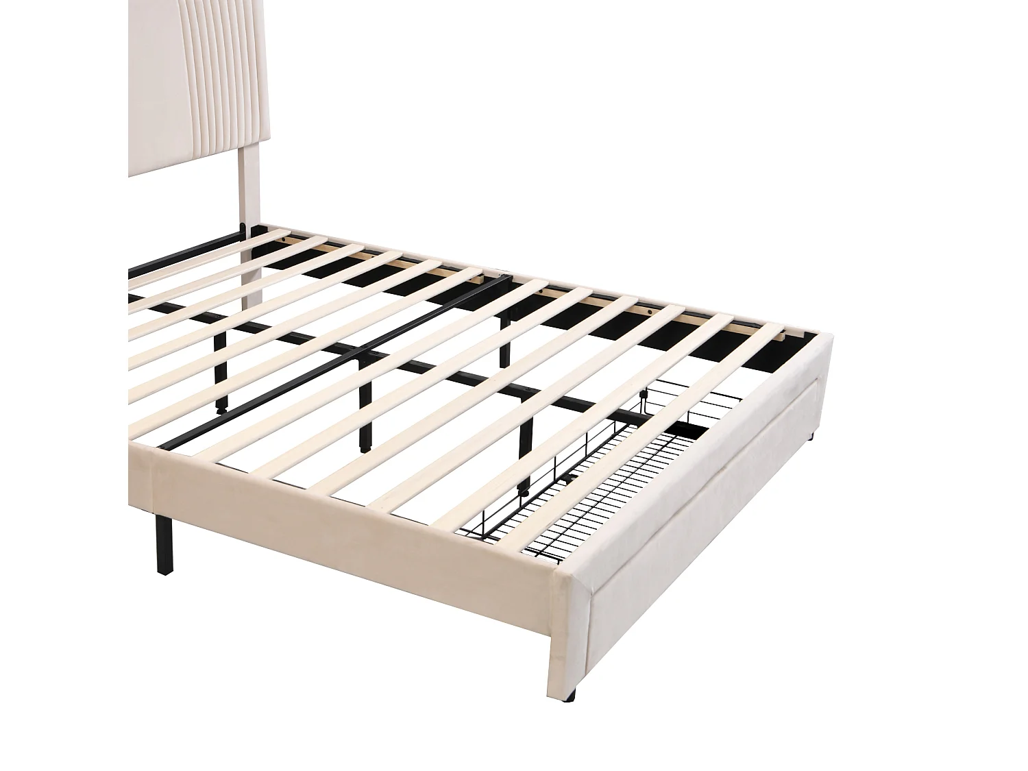 Bed 140x200 cm beige, tweepersoonsbed voor volwassenen met opberglades, lichtstrip + USB, fluweel, zonder matras