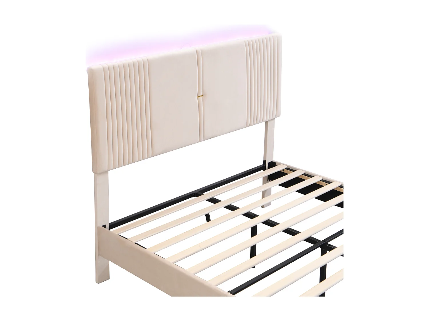 Bed 140x200 cm beige, tweepersoonsbed voor volwassenen met opberglades, lichtstrip + USB, fluweel, zonder matras