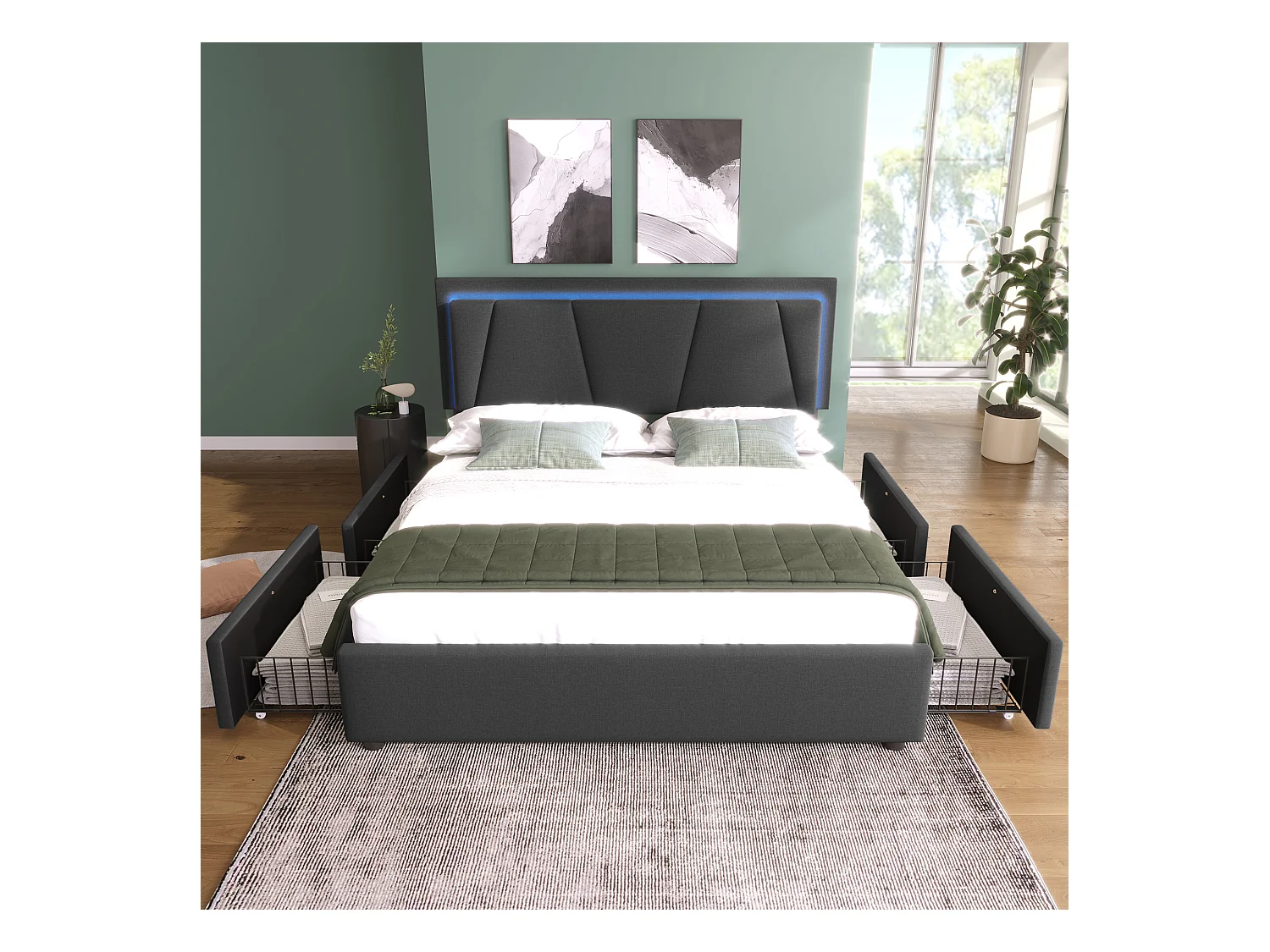 Lit adulte 140x200 cm - Lit double avec 4 tiroirs et tête de lit réglable - Éclairage LED - gris