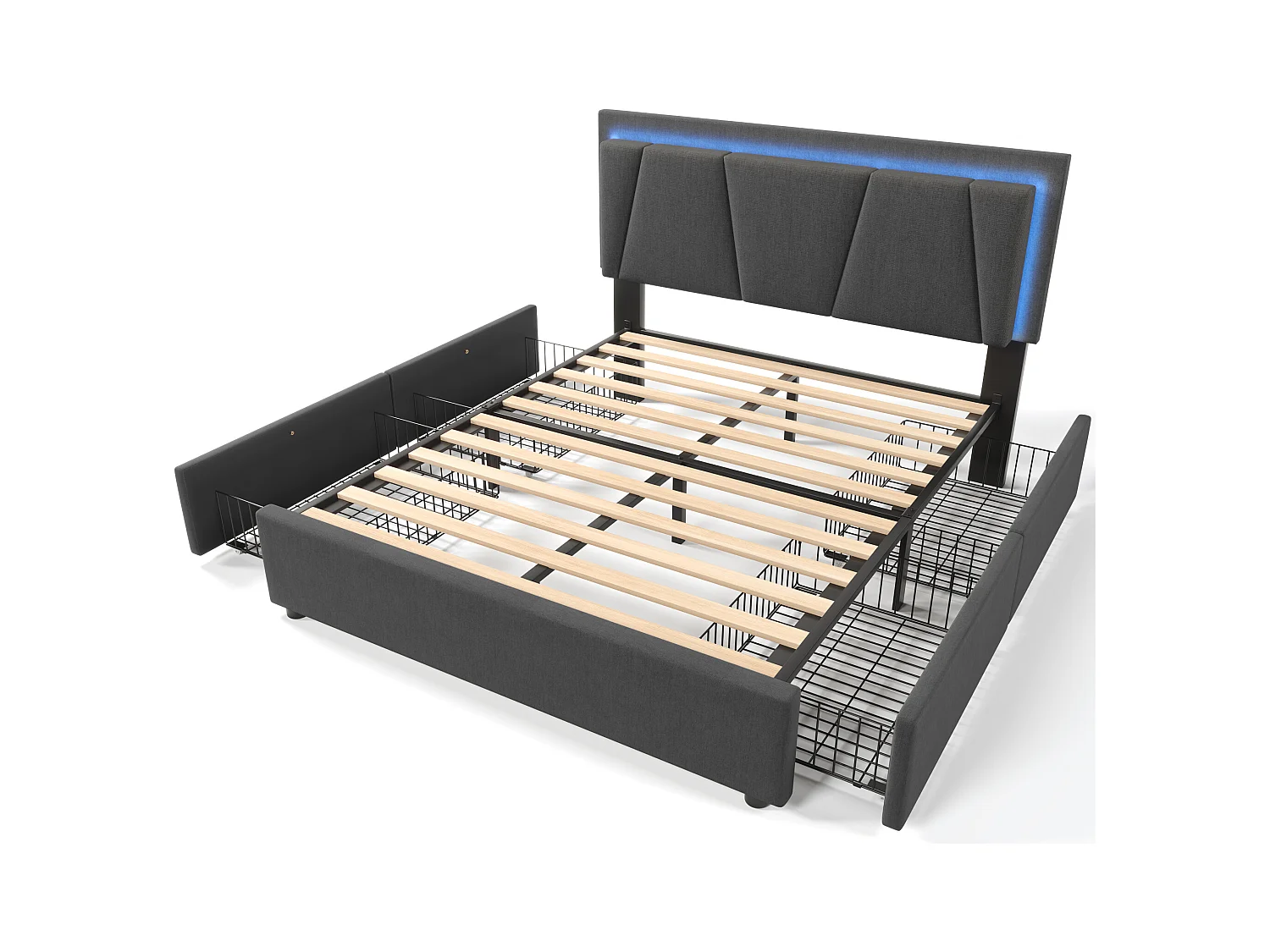 Lit adulte 140x200 cm - Lit double avec 4 tiroirs et tête de lit réglable - Éclairage LED - gris