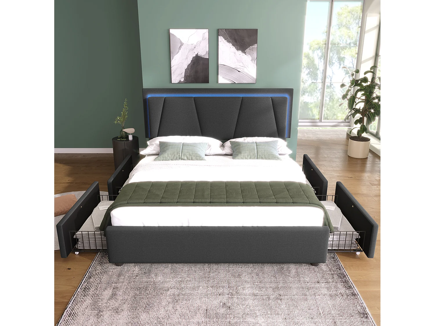 Lit adulte 140x200 cm - Lit double avec 4 tiroirs et tête de lit réglable - Éclairage LED - gris