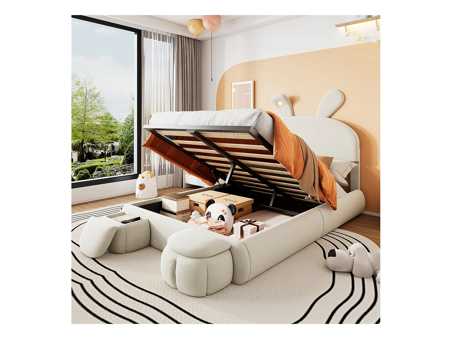 Cama doble infantil 140x200cm, en velour beige con orejas de conejo, LED y almacenamiento divertido (sin colchón)