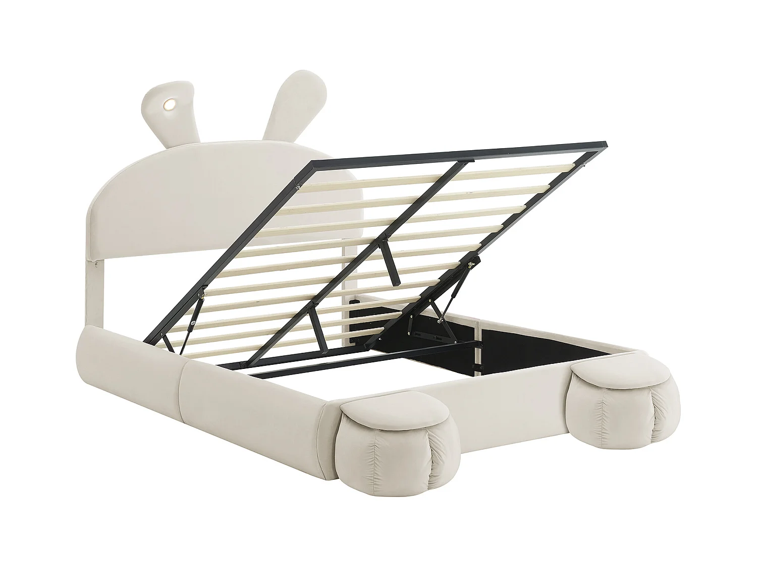 Cama doble infantil 140x200cm, en velour beige con orejas de conejo, LED y almacenamiento divertido (sin colchón)