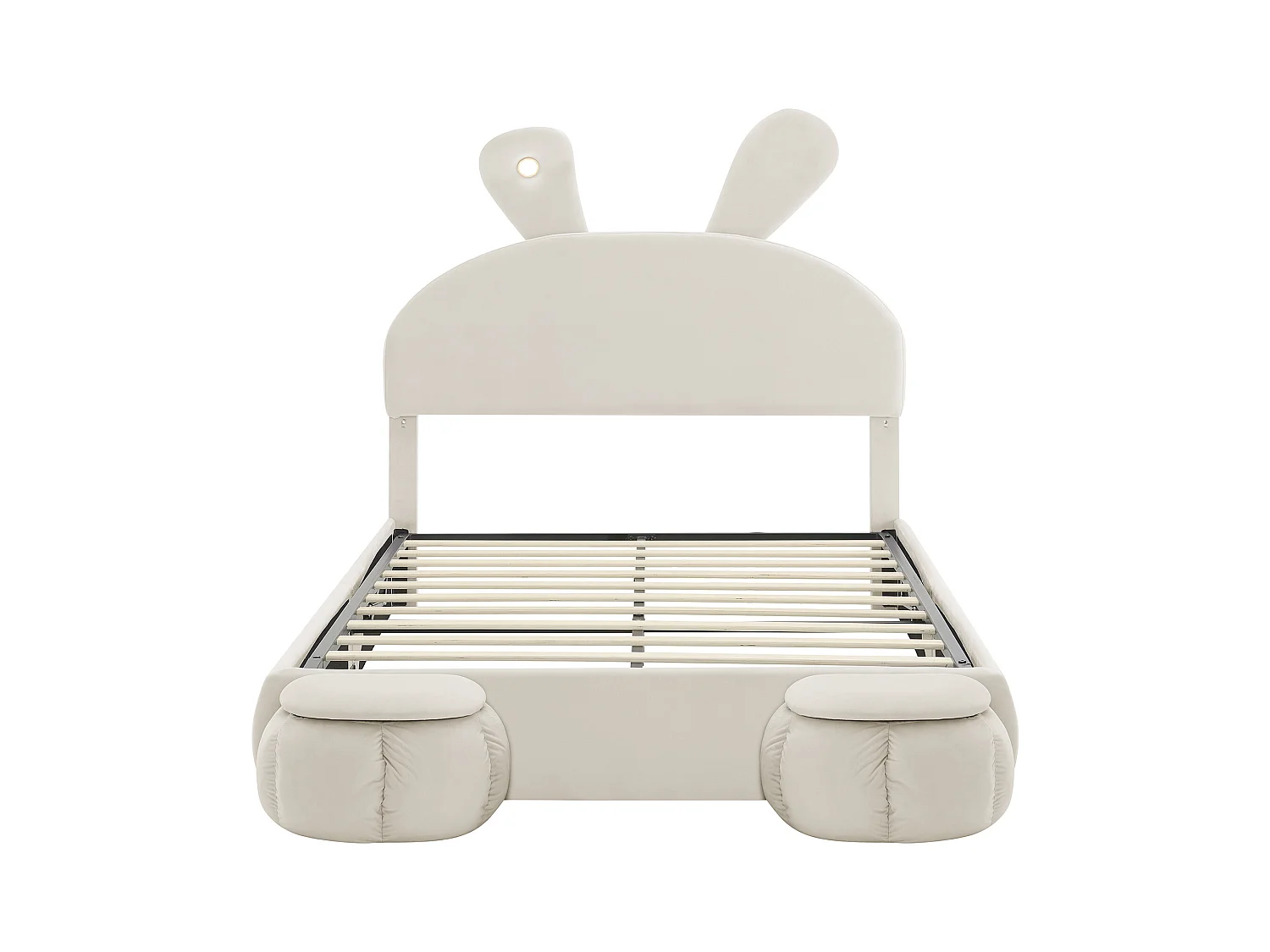 Lit adulte enfant 140x200cm, en velours beige avec oreilles de lapin, LED et rangements ludiques(sans matelas)