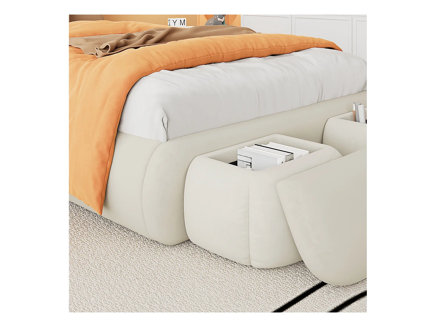 Lit adulte enfant 140x200cm, en velours beige avec oreilles de lapin, LED et rangements ludiques(sans matelas)