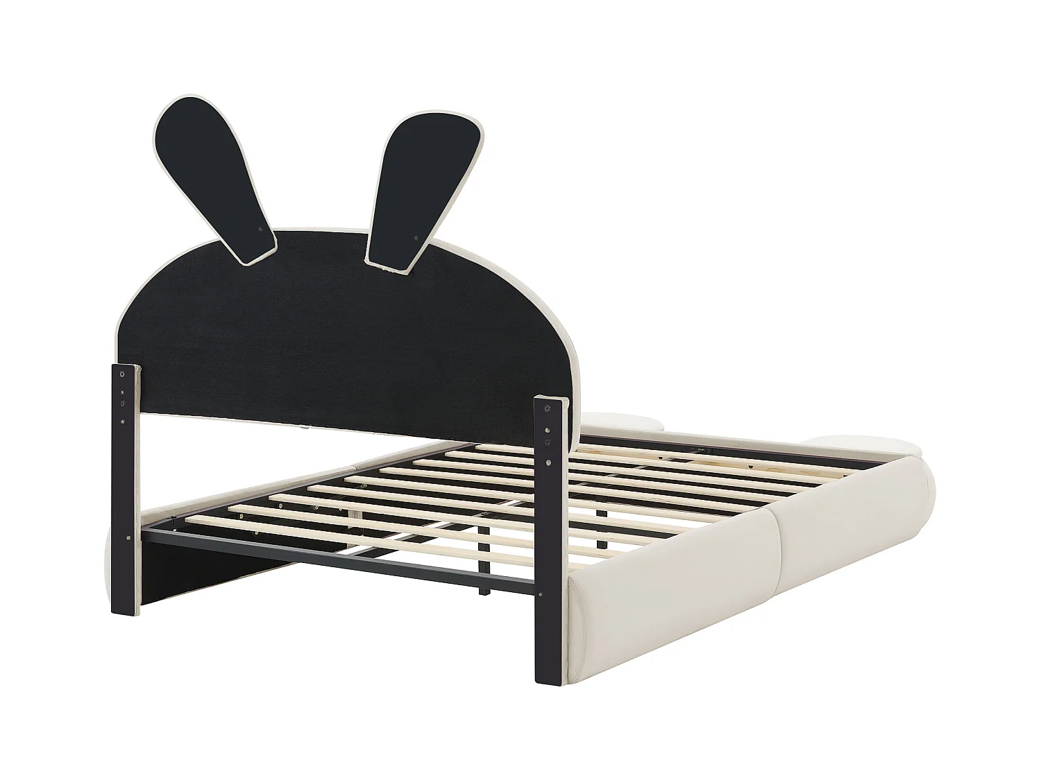 Lit adulte enfant 140x200cm, en velours beige avec oreilles de lapin, LED et rangements ludiques(sans matelas)