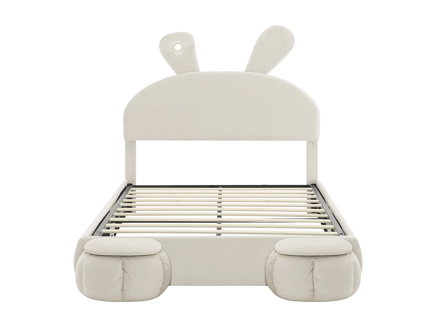 Tweepersoons kinderbed 140x200cm, in beige fluweel met konijnenoren, LED en speelse opbergruimte (zonder matras)