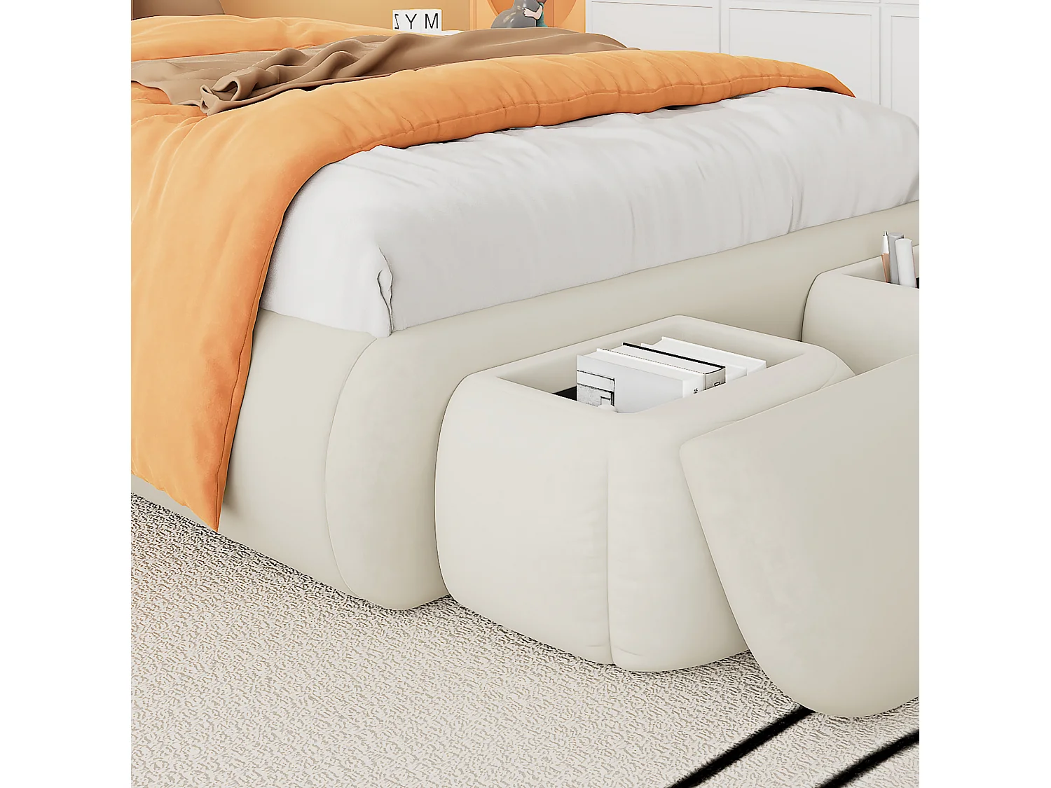 Tweepersoons kinderbed 140x200cm, in beige fluweel met konijnenoren, LED en speelse opbergruimte (zonder matras)