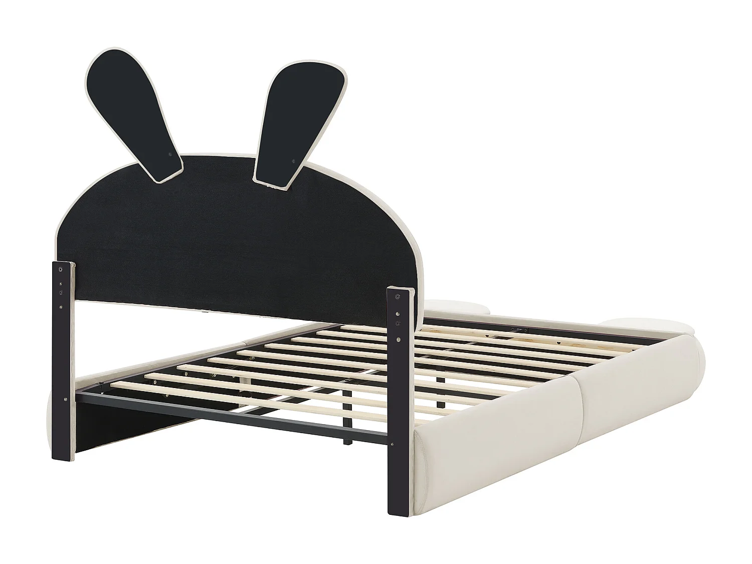 Tweepersoons kinderbed 140x200cm, in beige fluweel met konijnenoren, LED en speelse opbergruimte (zonder matras)