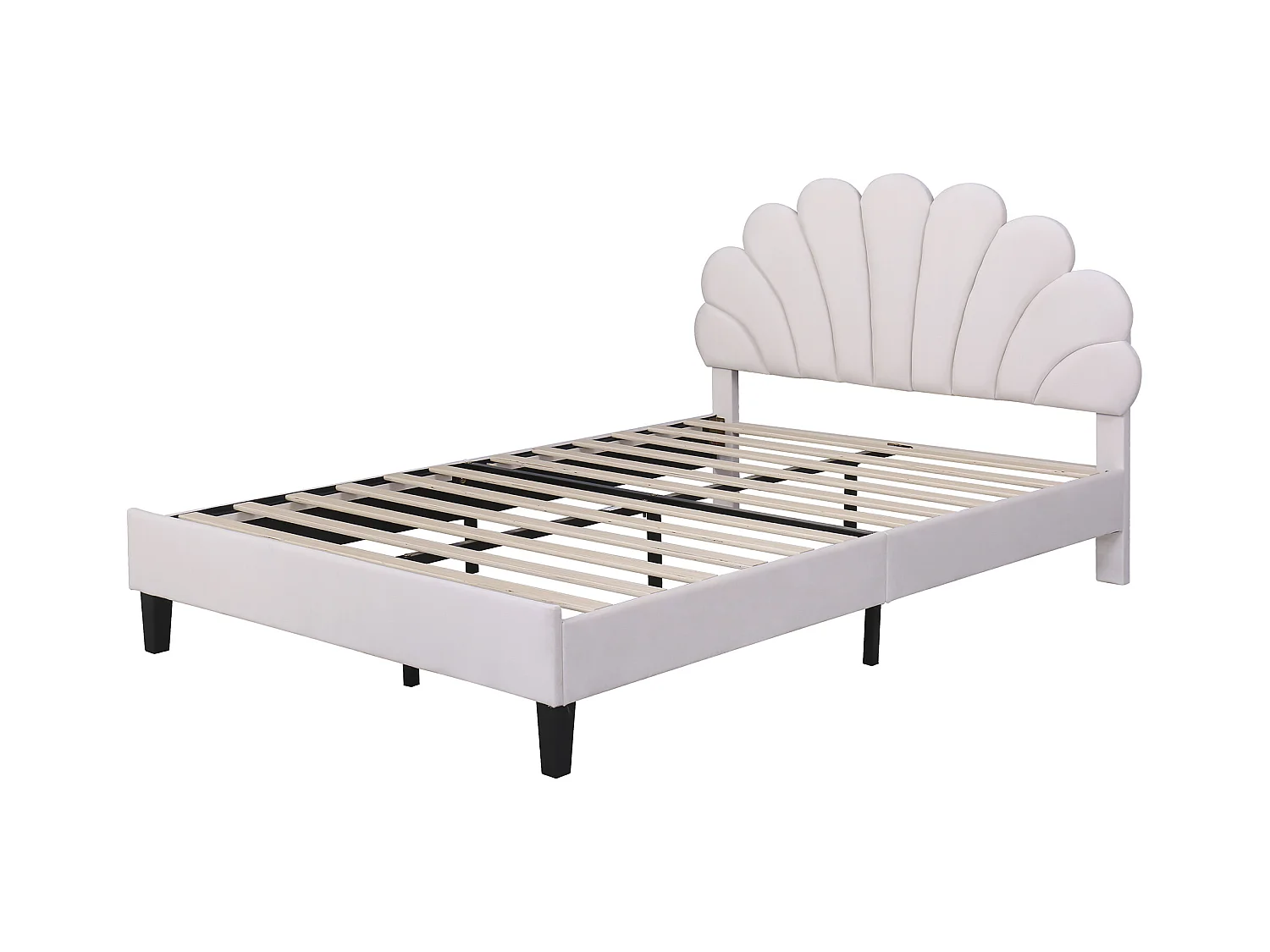 Lit enfant double 140x200cm beige, tête de lit fleurie en velours, sans matelas