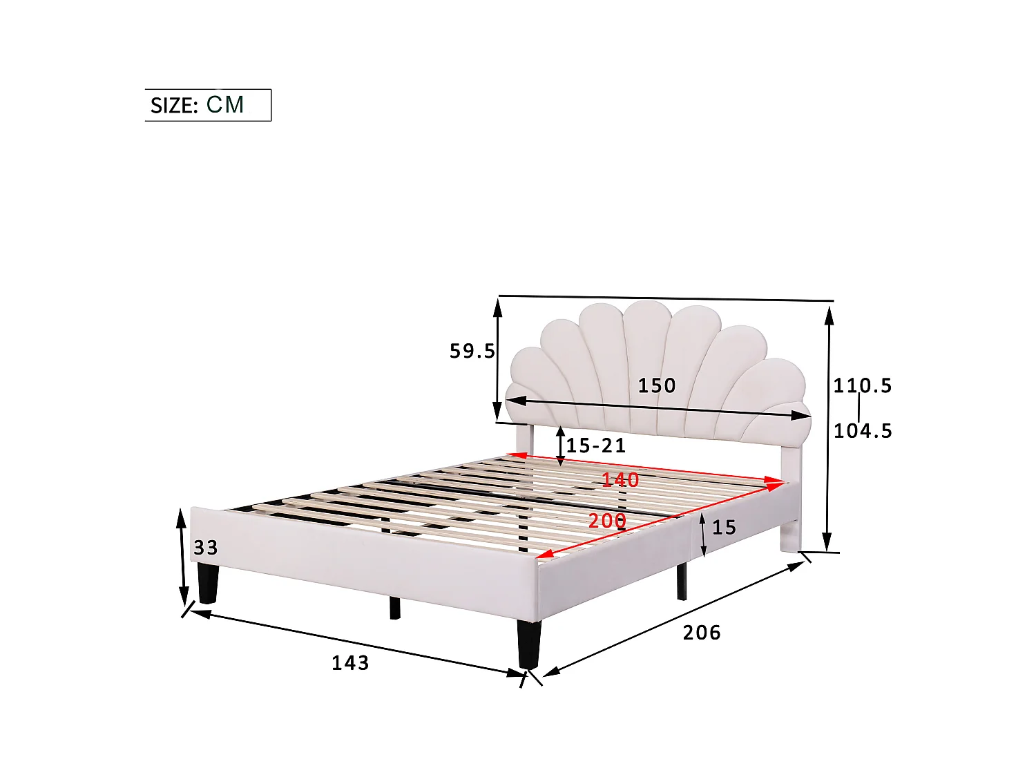 Lit enfant double 140x200cm beige, tête de lit fleurie en velours, sans matelas