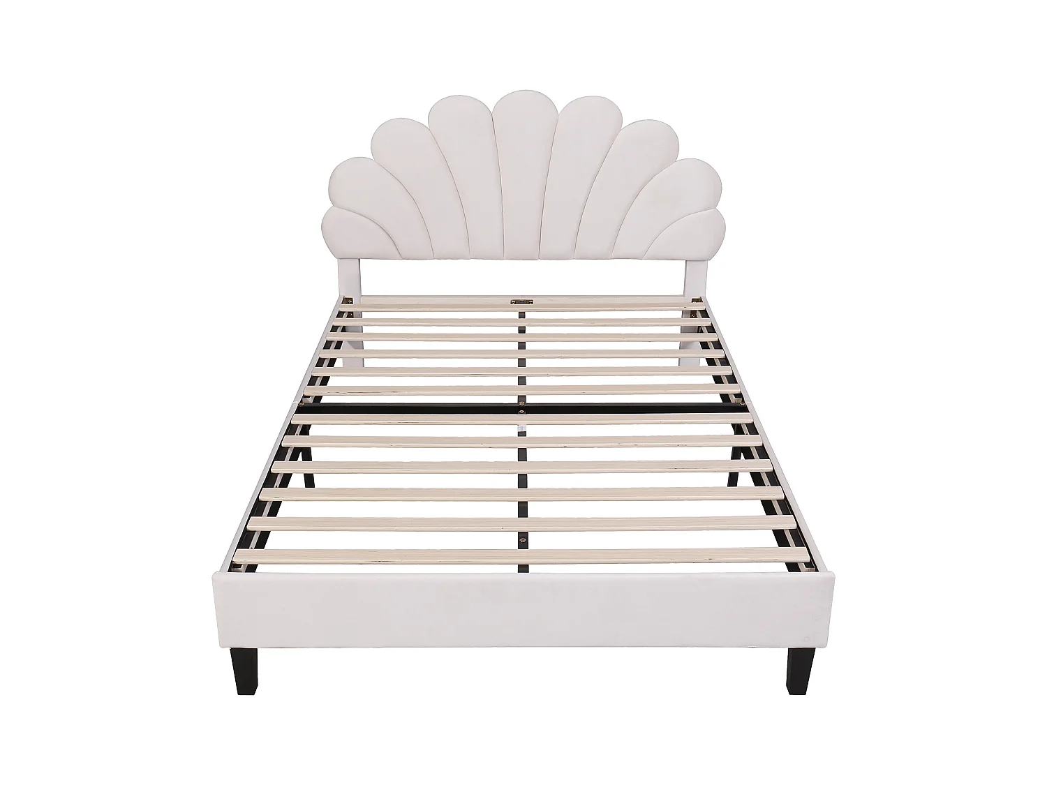 Lit enfant double 140x200cm beige, tête de lit fleurie en velours, sans matelas