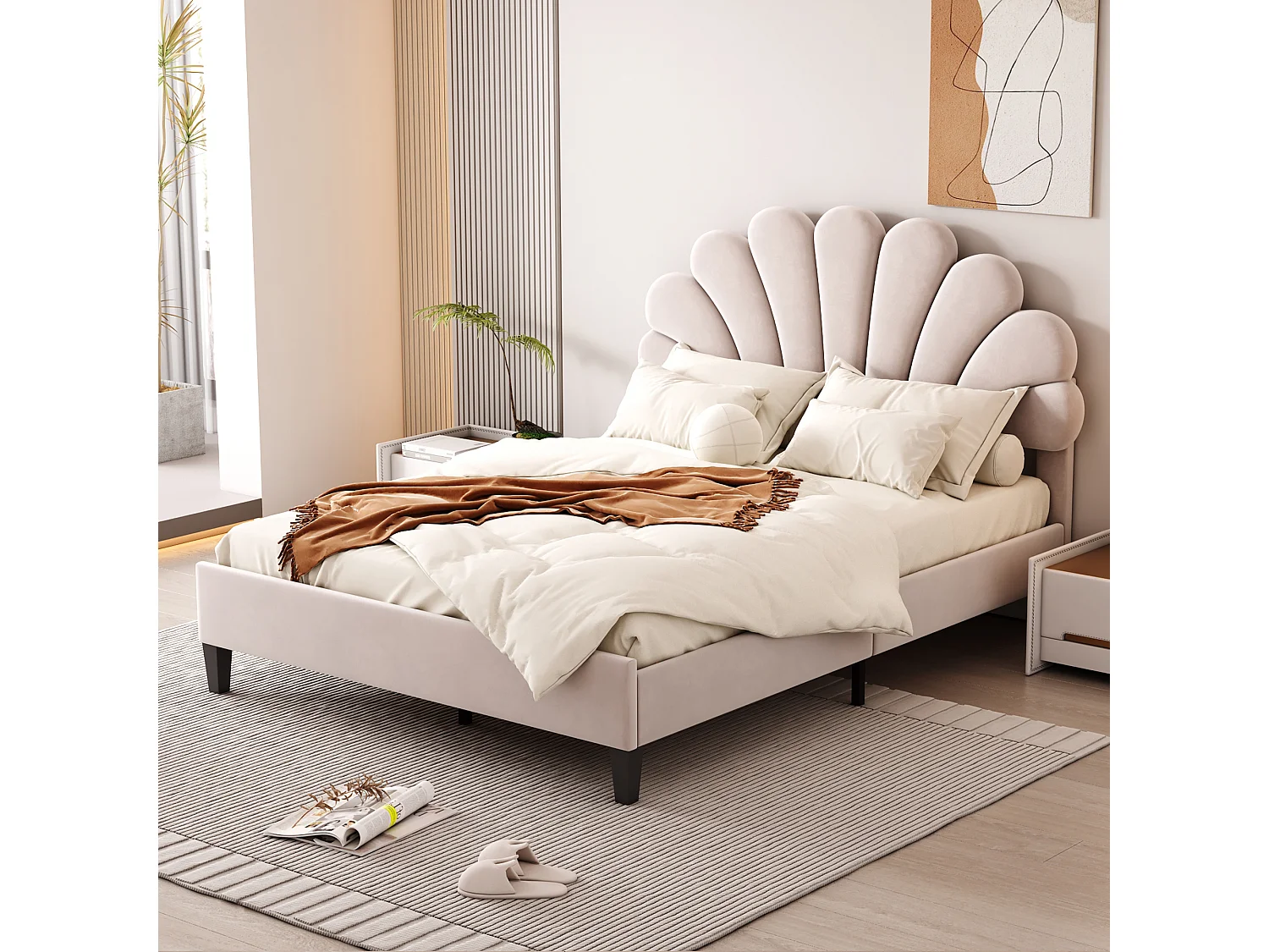 Lit enfant double 140x200cm beige, tête de lit fleurie en velours, sans matelas