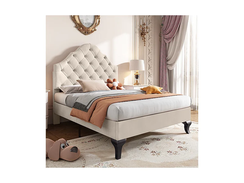 Lit simple 90x200 cm - Lit ado avec tête de lit relevable - Sommier à lattes bois - velours beige