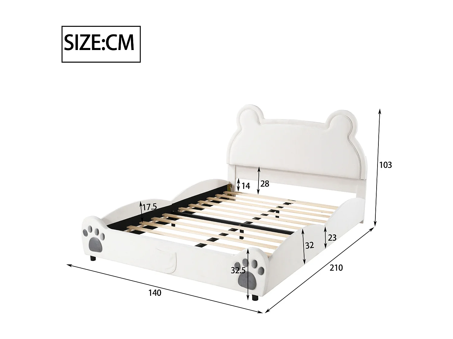 Lit enfant 140x200 cm - Lit double avec sommier à lattes - Velours blanc - Tête de lit capitonnée