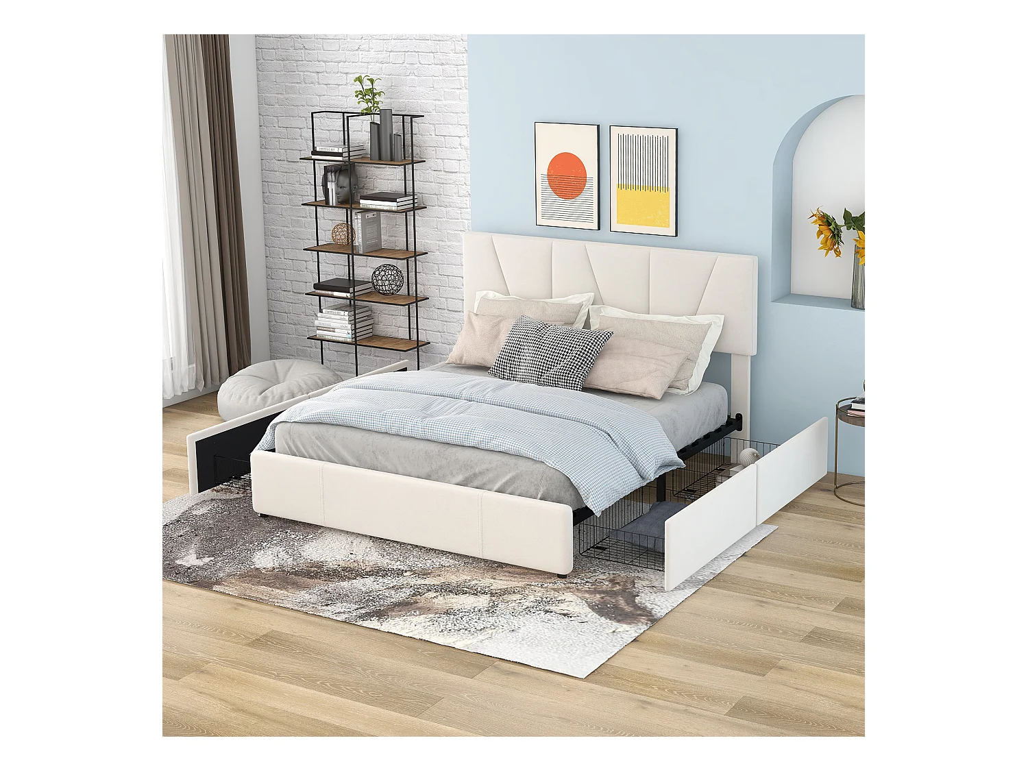 Lit double 140x200 cm - Lit adulte avec 4 tiroirs et tête de lit réglable - velours beige